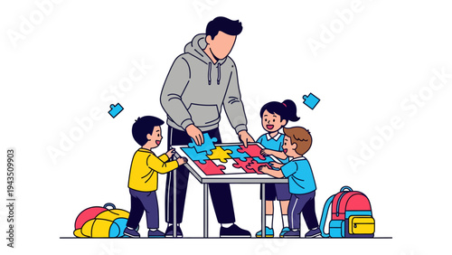 Teacher and students assemble puzzle: A teacher guides a group of enthusiastic students in assembling a colorful puzzle.