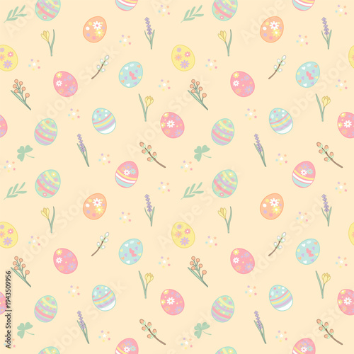 A seamless Easter pattern featuring delicately painted eggs and spring flowers on a pastel background. Ideal for gift wrapping, textile design, wallpaper, and Easter interior decor.