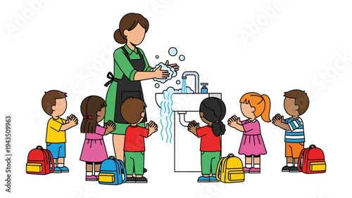 Handwashing for Health: A caring teacher guides a group of young children through the essential process of handwashing, promoting hygiene and health in a clean, brightly lit environment.