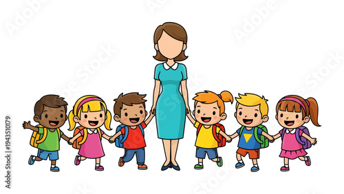Learning Journey: A caring educator leads a diverse group of young students, forming a bond of friendship, ready to embrace the wonders of education.