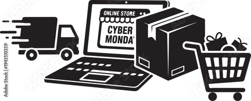 Cyber Monday online shopping with delivery truck and cart