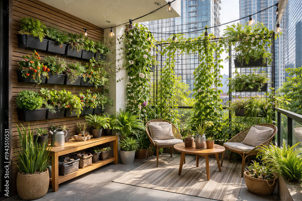 Obraz premium Cozy balcony garden with vertical wall planters and rattan chairs. Urban home oasis with lush plants, wooden furniture and string
