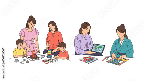 Mother and Children in learning process: A mother assists her children in their learning process. This image portrays nurturing, guidance, and the bond between mother and children.