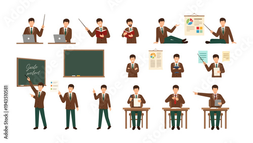 Academic Tasks: Illustrative compilation featuring an educator engaged in diverse activities, from lecturing with a pointer to evaluating with a clipboard and leading classes.