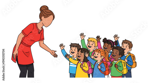 School Welcome: A teacher welcomes a group of children, symbolizing the beginning of a new educational journey. capturing the warmth of education