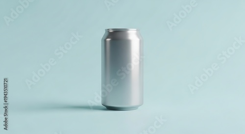 Shiny silver can standing on a light blue background. bierdose