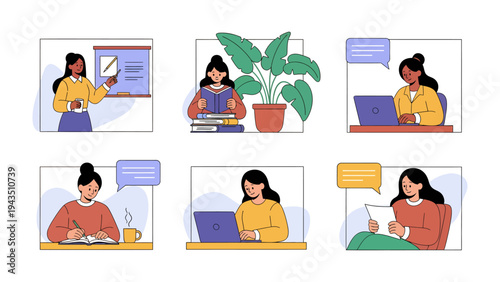 Women in Various Work Scenarios: A collage of women immersed in diverse work activities, from presentations to online meetings, showcasing adaptability and engagement in various professional settings.