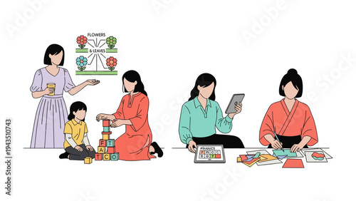 Empowering Moments: A compilation of illustrations showcasing women engaged in various activities, highlighting the roles they play in education, business, and creativity. 