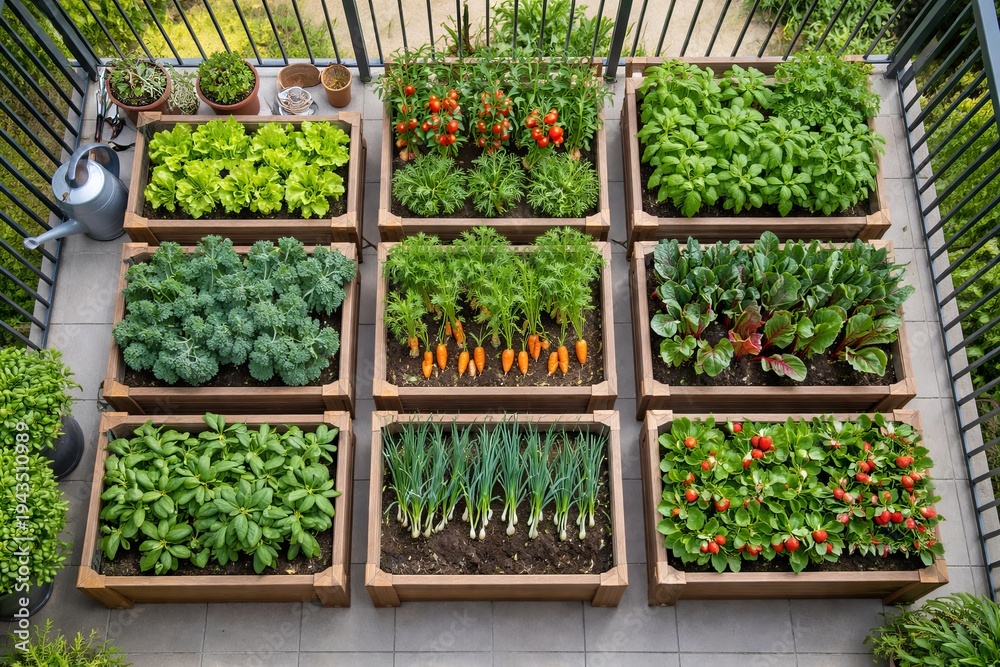 Naklejka premium Vegetable garden in wooden planter boxes on balcony. Organic food growing in containers for home farming. Top view of urban agriculture with plants like tomato, carrot, lettuce, basil and onion