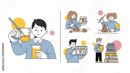 Learning and Experimentation: A visual collection of young students engaged in learning activities, spanning various subjects, reflecting exploration and discovery.