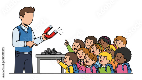 Curiosity in Classroom: An engaging scene unfolds in a classroom as a teacher demonstrates a magnetic experiment to a group of attentive children, sparking their curiosity and wonder.