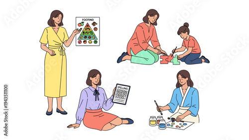 Woman in different activities: A woman's daily routines depicted in various engaging activities. This illustration captures the essence of a woman's active lifestyle.