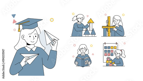 Imagination and Study: A series of illustrations capturing the pursuit of knowledge and the journey of learning, showcasing individuals engaged in intellectual endeavors, dreaming.