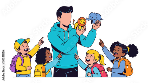 Learning Adventure: A group of excited children, accompanied by an educator, are engrossed in the magic of learning. The educator holds up animal toys.