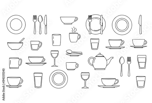 Kitchen tableware vector set with plates bowls cups glasses forks knives spoons clipart