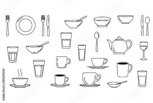 Kitchen tableware vector set with plates bowls cups glasses forks knives spoons clipart