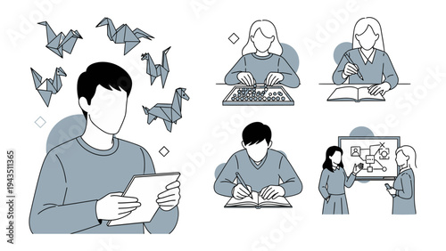 Creative Origami & Collaborative Efforts: A collection of diverse individuals engages in a variety of activities, from paper origami creations and collaborative brainstorming, representing creativity.