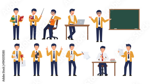 Versatile Educator Poses: A compilation of professional illustrations, showcasing a teacher in various roles.