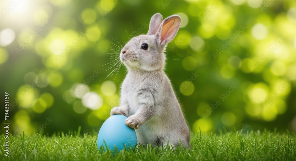 Fototapeta premium A white rabbit standing on green grass holding a blue Easter egg in a sunny outdoor setting