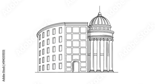 Sketch of a classical-style building with a dome and arched entranceway isolated on transparent background, Vector
