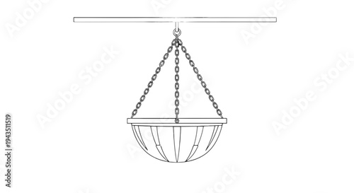 Vintage-style hanging basket filled with greenery suspended by chains isolated on transparent background, Vector