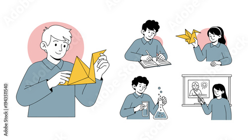 Crafting Creativity and Learning: A collection of illustrations depicting individuals engrossed in creative endeavors and academic pursuits, showcasing the spirit of artistic expression, study.