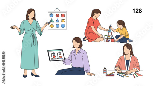 Childcare activities: A collection of various childcare activities, showcasing a teacher explaining shapes to a child and mother is playing with their child by using blocks and more.