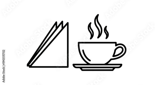 Stacked books beside a cup of coffee with steam isolated on transparent background, Vector