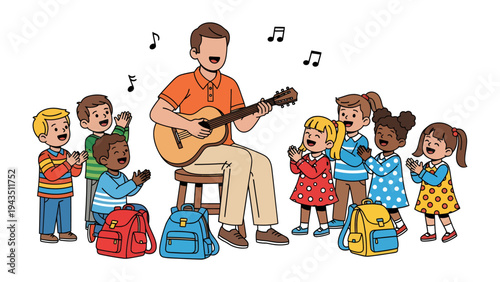 Music Harmony: A heartwarming scene unfolds as a guitar-playing teacher serenades a circle of children, their faces alight with joy, creating a symphony of music and shared experience.