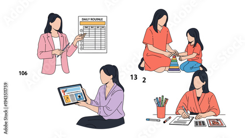 Daily routine and tasks of mother with daughter: An illustration showing daily routine of mother and daughter. From teaching her daughter to draw.
