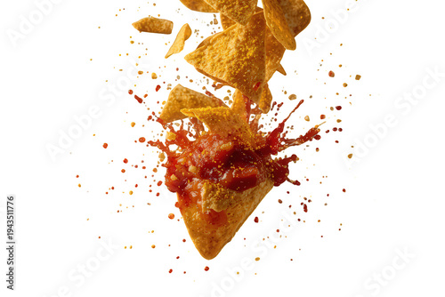 Tortilla chips falling into a bursting salsa dip, creating a dynamic splash of spicy flavor on transparent background