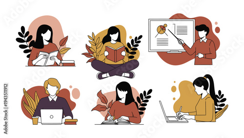 Knowledge Seekers: An illustration collection, depicting various people in study settings, diving into the world of learning and education.