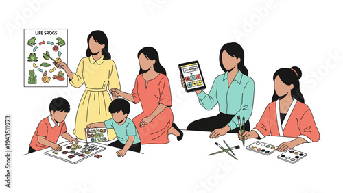 Educator and Young Learners: A group of educators engages with young students, fostering learning through various activities and innovative technologies.