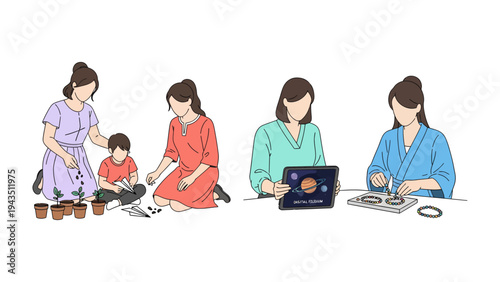 Moments of Togetherness: A heartwarming illustration captures a series of nurturing moments between mothers and their children, engaging in various activities that foster connection and learning.