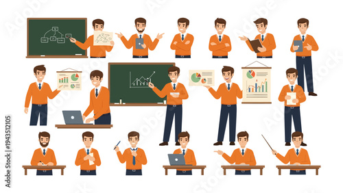 Business Presentation: A set of illustrations showcasing a businessman in various poses, presenting data and ideas using charts, a chalkboard, and a laptop. Perfect for business, education.