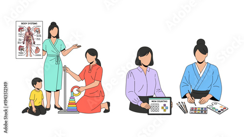 Women At Work and Play: A visual tapestry showcasing the multifaceted roles women fill, encompassing healthcare, child care, and professional pursuits.