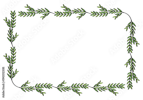 Hand drawn rectangular frame of branches and leaves from bushes and trees. Aesthetic border of evergreen plants. Ideal for decorating and framing flyers, greeting cards, covers, posters, invitations.