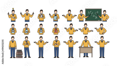 Teaching Expressions: A series of illustrations capturing an educator in various poses and with different tools, ready to engage students and impart knowledge in a classroom setting.