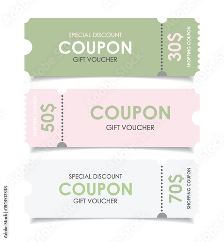 Sale coupon mockup set. Sale flat template Tickets. For sale coupon. Minimalist coupon. Isolated background	
