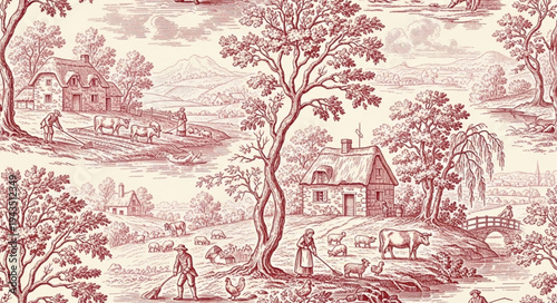 Vintage Toile Pattern with Rural Countryside Scene.