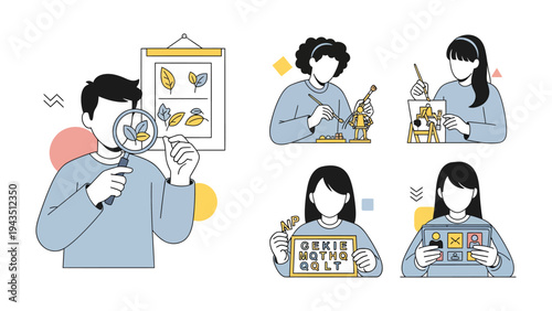 Exploring and Creating: Engaging in creative pursuits and learning new skills, various individuals explore nature and artistic expression, engaging in activities such as observing, painting.