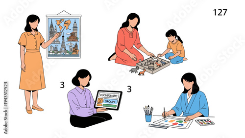 Diverse Pursuit: A woman engages in a variety of activities, from admiring world wonders to artistic pursuits. Capturing the essence of a woman's active and multifaceted life.