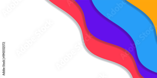 A modern vector background featuring fluid, wavy shapes in vibrant orange, red, purple, and blue. The overlapping layers include subtle drop shadows, creating a 3D paper-cut depth effect.