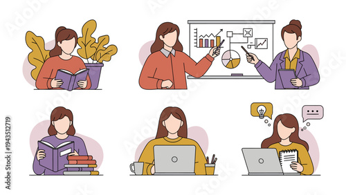 Multitasking Women: Illustration showcasing women engaged in a variety of activities related to learning, working and presenting concepts.