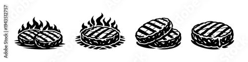 Grilled burger patties vector illustration with flames silhouette black and white design