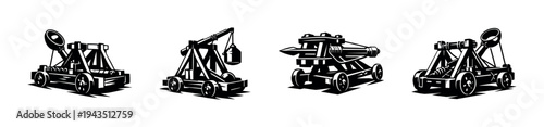 Black and white vector illustration of medieval siege weapons silhouette set