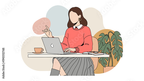 Working Lifestyle: A focused individual in casual attire works on a laptop at a table, accompanied by a coffee cup and potted plant.