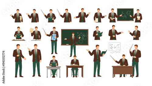 Teacher's Academic Suite: A collection of illustrations showcasing a teacher in various poses, at blackboard, or teaching. Featuring classroom, teaching, learning, educational themes.