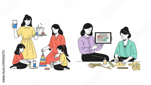 Learning Adventures at Home: A graphic illustration showcasing a mother engaging her child in various educational activities, fostering curiosity and exploration. 