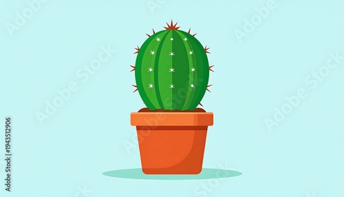 A simple illustration of a green, oval cactus with red spikes in an orange pot against a light blue backdrop